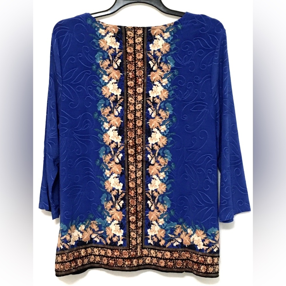 JM Collection Jacqaurd Petite PXL Lazulite Blue Combo 3/4 Sleeve Scoop Neck Top - Picture 7 of 7